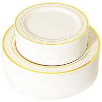 WDF 102 pieces Gold Plastic Plates- Ivory with Gold Rim Disposable Party Wedding Plates,Premium Heavy Duty 51-10.25" Dinner Plates and 51-7.5" Salad Plates