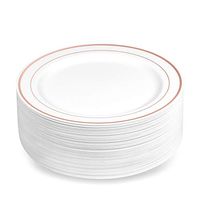 BloominGoods Rose Gold Rimmed Plastic Plates (100 Pack) 7.5" Inch Heavyweight White Dessert/Appetizer Plates | Real China Look Weddings Parties and Events Plates | Disposable or Reusable