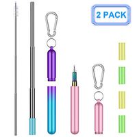 2 Pack Collapsible Reusable Straws Telescopic Stainless Steel Metal Straws with Portable Aluminum Travel Case & Cleaning Brush & Keychain & Silicone Tips for Cold or Hot Drink(Rose Golden/Teal Purple)