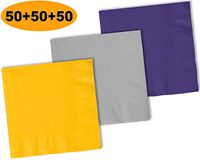 150 Beverage Napkins, Sunshine Yellow, Shimmering Silver, Grape Purple - 50 Each Color. 2 Ply Paper Cocktail Napkins. 5" folded, 10" unfolded.