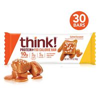 think! (thinkThin) Protein+ 150 Calorie Bars - Salted Caramel, 10g Protein, 5g Sugar, No Artificial Sweeteners, Gluten Free, GMO Free, 1.4 oz bar, 5 Bars/ Box, (Pack of 6) Packaging may vary