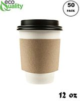 50 Pack - 12 oz Disposable White Paper Coffee Cups with Black Dome Lids and Protective Corrugated Cup Sleeves - Perfect Disposable Travel Mug for Home, Office, Coffee Shop, Travel, Tea