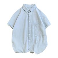 LUCAMORE Men's Summer Solid Button Down Shirts Loose Fit Short Sleeve Cotton Linen Tops Blouse Blue