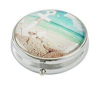 Hiuyi Custom Personalized Glass Round Pill Box Pocket Wallet Pill Case Vitamin Decorative Protector (Beach Sand Clouds Anchor Design)
