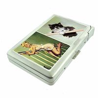 Cigarette Case with Built in Lighter Pin Up Girl & Cat Mimic Pose S1 Smoking King Size Cigarettes Silver Metal Wallet 4" X 2.75" RFID Protection