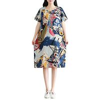 Plus Size Vintage Casual Cute Women V-Neck Abstract Short Sleeve Cotton Linen Dress