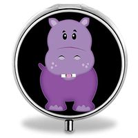 Ojanus Portable Daily Pill Box Plastic Travel Case, Round Medicine Case with Cartoon Hippo Pattern, Medicine Holder Organizer Box for Purse, Compact 3 Compartments