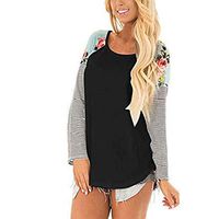 GREFER Tops for Women Sexy Elegant Floral Stripe Splice Tunics Long Sleeve Blouses Fashion 2019 Black