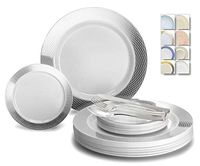" OCCASIONS" 600 Pcs Set & 120 Guest Wedding Disposable Plastic Plate & Silverware Combo Set (Diamond White & Silver plates, Silver Silverware)