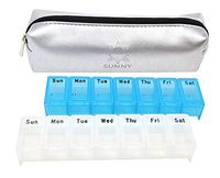 Travel Pill Pouch Bag with Weekly AM PM 2 Times a Day Pill Organizers Secure in a Travel Zippered Pouch - Blue & White Clear Pill Boxes with Scoop Bottom (Silver)