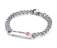 PJ Type 2 Diabetes Stainless Steel Medical Alert Awareness ID Tag Chain Bracelet for Women Men