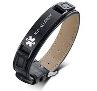 VNOX NUT Allergy Black Stainless Steel Meidcal Alert ID Genuine Leather Adjustable Bracelet,6.7"-8.5"