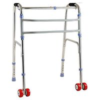 XIHAA Elderly People Portable Walker Aid Disabled Adjustable Foldable Non-Slip Foot Pad Walking Rehabilitation Equipment Bathroom Bath Chair Silver Grey (Red Wheels)