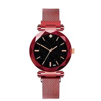 Fxbar Women Elegant Watch New Star Dial Diamond Cut Surface Quartz Analog Magnetic Band Wrist Watch (Red)
