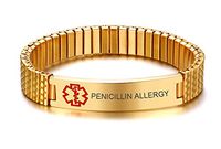 VNOX Gold Plated Stainless Steel Medical Aert ID PENICILLIN Allergy Watch Band Strentch Bracelet,7"-7.2"