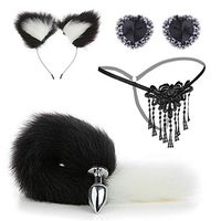 4 PCS Fluffy Faux Black White Stitching Tail & Cat Ears Headband Charms Role Play Costume Party Masquerade Cosplay Prop and Short Collar Chains