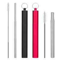 Angole 2 Pack Reusable Metal Straws Collapsible Stainless Steel Drinking Straw 9 Inch Portable Telescopic Travel Straw with Case & Cleaning Brush for Large and Small Tumlers/Mason Jar