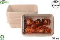 34oz Compostable Eco Friendly Container Trays with Clear Lids [200 PACK] - Rectangular Oblong Tree Free Sugarcane Bagasse Meal Prep Bento Boxes Take Out Catering Microwave Deep Container by EcoQuality
