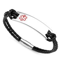 StickyJ USA Black Leather Medical Alert Bracelet 7.5 inch with Free Engraving