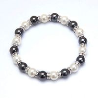 Black, White & Crystal Magnetic Stretch Bracelet (7")