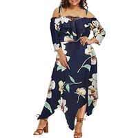 iLUGU Off Shoulder Dresses for Women Plus Size Floral Print Maxi Dress Lace Up Strap Dresses Navy