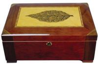 120 Cigars Mahogany Wood Humidor W Leaf 15.25x10.5x6" F7700