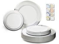 " OCCASIONS" 120 Plates Pack,(60 Guests) Heavyweight Premium Wedding Party Disposable Plastic Plates Set -60 x 10.5'' Dinner+60 x 7.5'' Salad/Dessert (Sundance White & Silver Rim)