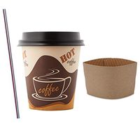 (50 Sets) 10 oz Disposable Coffee Cups with Dome Lids and Sleeves, FREE BONUS Stirrers, Brown Paper Hot Cups with Travel Lids, To Go Coffee Cups for Latte, Cappuccino, Tea, Chocolate