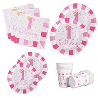 120PCS Girl First 1st Birthday Party Supplies Disposable Dinnerware Set Dinner Paper Plates Napkins Cups Decoration, Serves 24 (For 1st Birthday Pink)