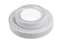 50 Piece Disposable Plates - Heavy Duty Plastic Dinnerware for Wedding Birthday Party Holiday Baby Shower - Includes 25 Dinner Plates and 25 Dessert Plates (Silver Swirl)