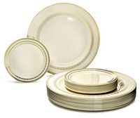 " OCCASIONS" 120 Plates Pack, Heavyweight Premium Disposable Plastic Plates Set 60 x 10.5'' Dinner + 60 x 6.25'' Dessert/Cake Plates (Lace Ivory & Gold)