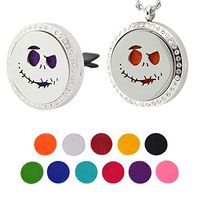 Halloween Aromatherapy Essential Oil Diffuser Air Freshener Car Diffuser and Pendant Necklace, Skull Ghost Rhinestones Stainless Steel 30mm Locket, 11 Refill Pads