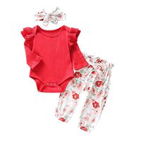 Tomppy Newborn Infant Girls Clothes Set Ruffle Long Sleeve Romper + Floral Pants + Hairband Baby 3 PCS Outfits Red