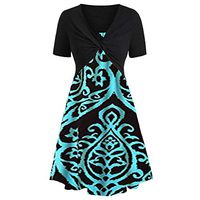 Womens Floral Print Midi Dresses Sleeves Bow Knot Bandage Suit Summer Casual Cover Up Vintage Straps Mini A-Line Tshirt Dress Loose Swing Flowy Pleated Floral Sun Dress