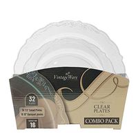 VintageWare Series (7.5” Salad Plates + 10” Banquet Plates) 1 Combo Pack, Service for 16 (32 Plates) Disposable/Reusable Plastic Party Tableware – Clear