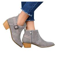 Veodhekai Women Flat Shoes Low Heel Boots Retro Hollow Belt Buckle High Heeled Single Shoes Side Zipper Bare Boots Gray