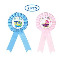 FOZZA 2 Pieces It is Boy & It is Girl Team Tinplate Badge Pins Baby Shower Wear Guess Gender Reveal Pink Blue Rosette Button for New Dad Mom Party Favors Supplies Gift
