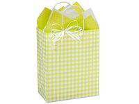 Pack Of 25, Apple Green Gingham Kraft Paper Shopping Bags W/Serrated Edge Tops & Sturdy Paper Twisted Handles - Cub 8 X 4.75 X 10.25" Made In USA