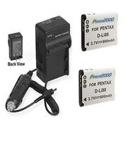 TWO 2 D-Li88 D-L188 Batteries + Charger for Pentax Optio H90 P70 P80, Pentax WS80, Pentax W90