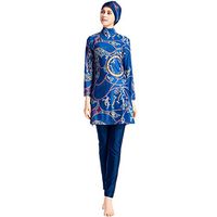Gojendy Women Ethnic Printed Bathing Suit for Muslim Loosen Dress Skirt Swimwear Swimsuit (S, Blue)