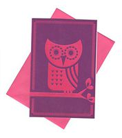 Textured Blank Notecards ~ Pink Owl on Purple (8 Fuzzy Cards; Pink Envelopes; 4" x 6")