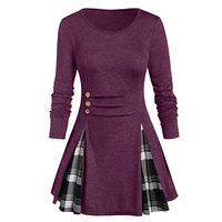 Aniywn Women's Long Sleeve Pullover Tunics Tops Crew Neck Button Plaid Pleated Hooded Sweatshirt Red