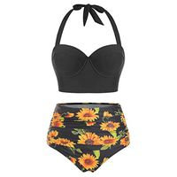 Baiggooswt Bathing Suit,Women Halter Sunflower Print High Waist Crop Tops Two Piece Swimwear Tummy Control Beach Swimsuits Black
