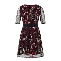 BBFairy Women's Round Neck Floral Embroidered Mesh Long Sleeve Dress A-Line Mini Party Dresses Wine