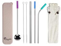 Silver Stainless Steel Straw Set 4 Straws, Reusable, Eco Friendly Set with Standard, Bent, Spoon & Smoothie/Boba Tea Straw, 2 Cleaning Brushes, Wheat Fibre Carry Case for Home, Office or Travel