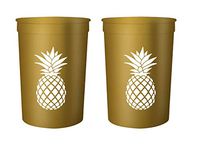Pineapple Party Cups, Set of 12 Pink or Gold 16oz Stadium cups Perfect for Hawaiian Party, Luau Party, Tropical Party, (Metallic Gold)