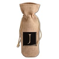 "J" Classic Tile Monogram Letter J Jute Burlap Wine Drawstring Bag