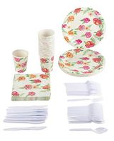 Disposable Dinnerware Set - Serves 24 - Vintage Floral Party Supplies for Birthday, Weddings, Bridal Shower, Garden Flowers Design, Includes Plastic Knives, Spoons, Forks, Paper Plates, Napkins, Cups