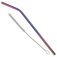 Behind The Bar Metallic Rainbow Bent Stainless Steel Drinking Straw - 8.5"L - 12 Pack W/Cleaning Brush