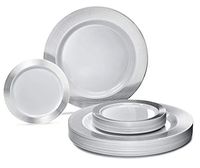 " OCCASIONS" 120 Plates Pack, Heavyweight Premium Disposable Plastic Plates Set 60 x 10.5'' Dinner + 60 x 6.25'' Dessert/Cake Plates (Linen White & Silver)